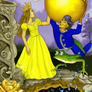 Frosch der zum Prinz wird mit der Prinzessin und einer Goldkugel