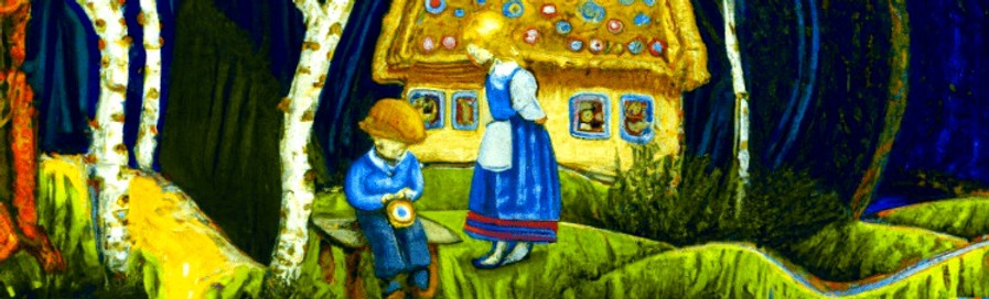 Hänsel und Gretel vor dem Lebkuchenhaus im Wald